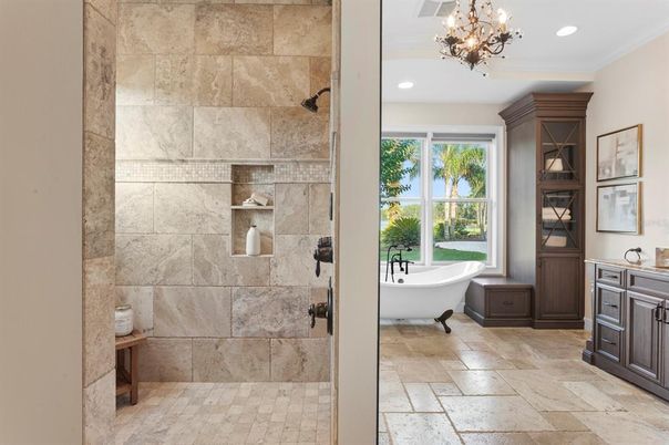 Bathroom, Chandelier, Free Standing Baths, Interior, Recessed Lighting