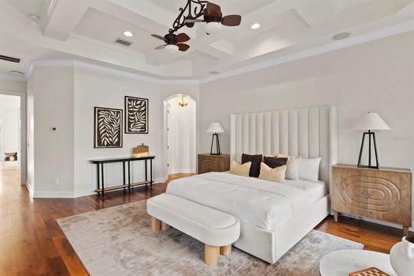Bedroom, Interior, Recessed Lighting, Wood Texture Flooring