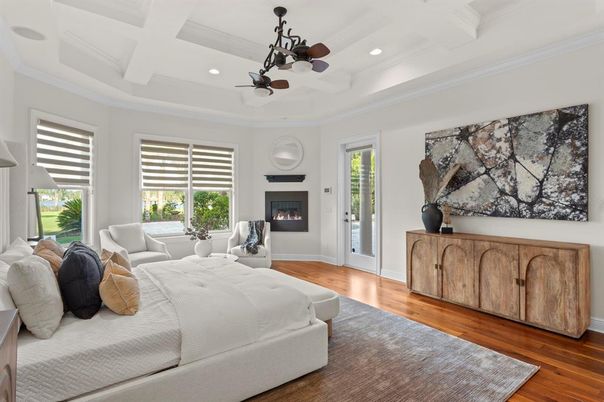 Bedroom, Fireplace, Interior, Recessed Lighting, Wood Texture Flooring