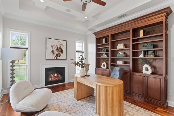 Fireplace, Home Office, Interior, Recessed Lighting, Wood Texture Flooring