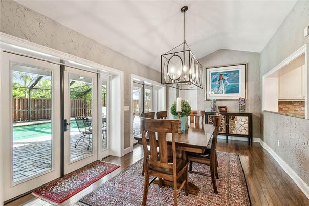 Dining room, Interior, Pendant Lights, Wood Texture Flooring