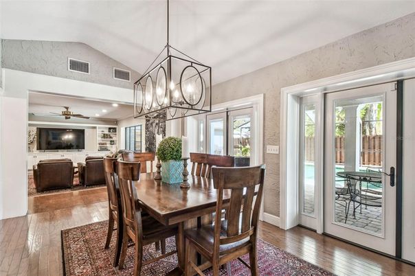 Chandelier, Dining room, Interior, Living room, Pendant Lights, Recessed Lighting, Wood Texture Flooring