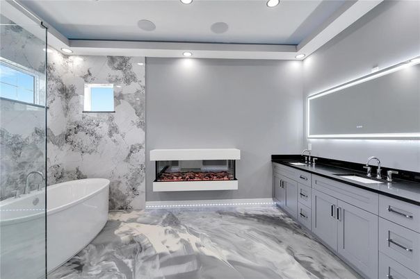 Bathroom, Dual Sink Vanities, Free Standing Baths, Interior, Marble, Marble Walls, Recessed Lighting