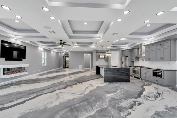 Interior, Kitchen, Marble, Pendant Lights, Recessed Lighting, Stainless Steel Appliances