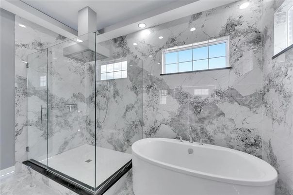 Bathroom, Free Standing Baths, Glass Shower, Interior, Marble, Marble Walls, Recessed Lighting