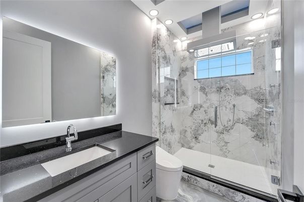 Bathroom, Glass Shower, Interior, Marble Walls, Recessed Lighting