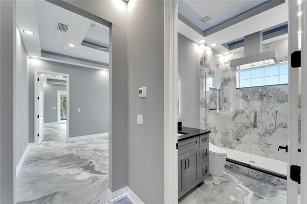 Bathroom, Glass Shower, Interior, Marble, Marble Walls, Recessed Lighting
