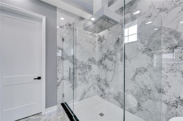 Bathroom, Glass Shower, Interior, Marble Walls, Recessed Lighting