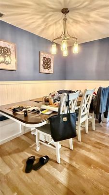Dining room, Interior, Pendant Lights, Wood Texture Flooring