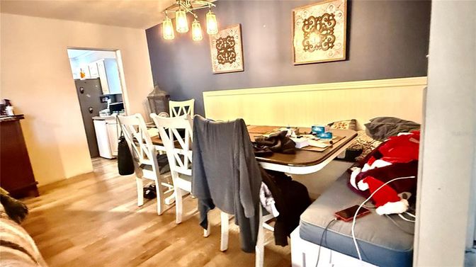Dining room, Interior, Pendant Lights, Wood Texture Flooring