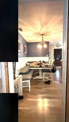 Dining room, Interior, Pendant Lights, Wood Texture Flooring