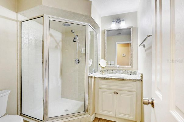 Bathroom, Glass Shower, Interior, Wood Texture Flooring