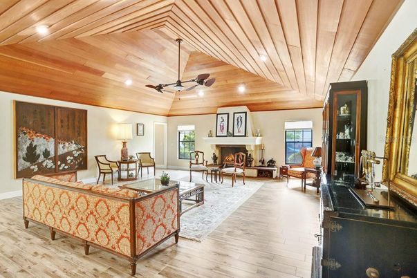 Fireplace, Interior, Living room, Recessed Lighting, Wooden Ceilings, Wood Texture Flooring