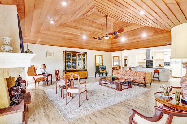 Dining room, Interior, Kitchen, Living room, Recessed Lighting, Wooden Ceilings, Wood Texture Flooring