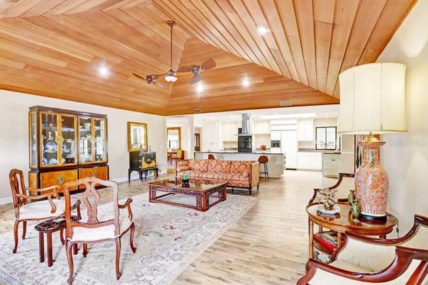 Dining room, Interior, Kitchen, Living room, Recessed Lighting, Wooden Ceilings, Wood Texture Flooring