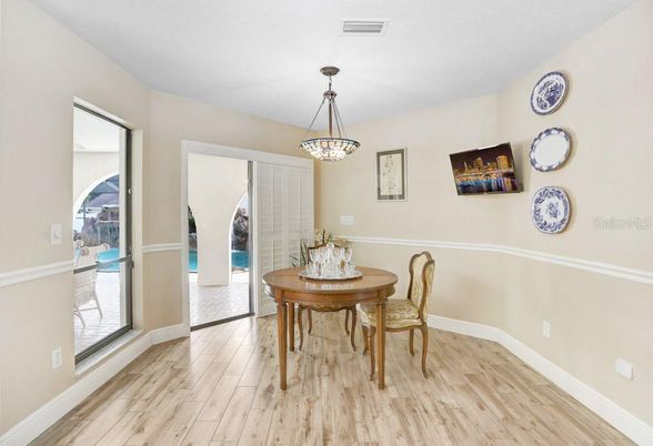 Dining room, Interior, Pendant Lights, Wood Texture Flooring