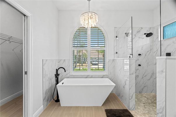 Bathroom, Free Standing Baths, Glass Shower, Interior, Marble Walls, Pendant Lights, Wood Texture Flooring