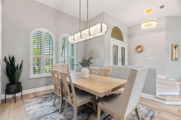 Chandelier, Dining room, Interior, Pendant Lights, Wood Texture Flooring