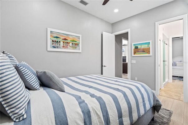 Bedroom, Interior, Recessed Lighting, Wood Texture Flooring
