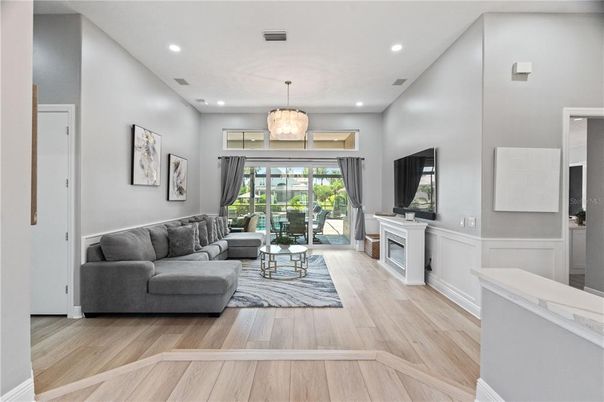 Fireplace, Interior, Living room, Pendant Lights, Recessed Lighting, Wood Texture Flooring