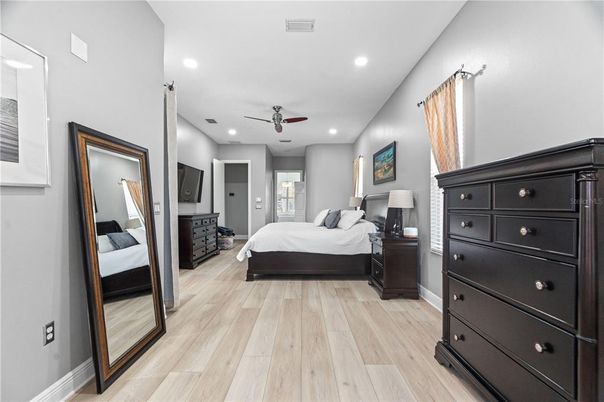 Bedroom, Interior, Recessed Lighting, Wood Texture Flooring