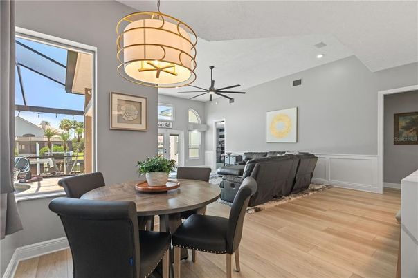 Dining room, Interior, Living room, Pendant Lights, Recessed Lighting, Wood Texture Flooring