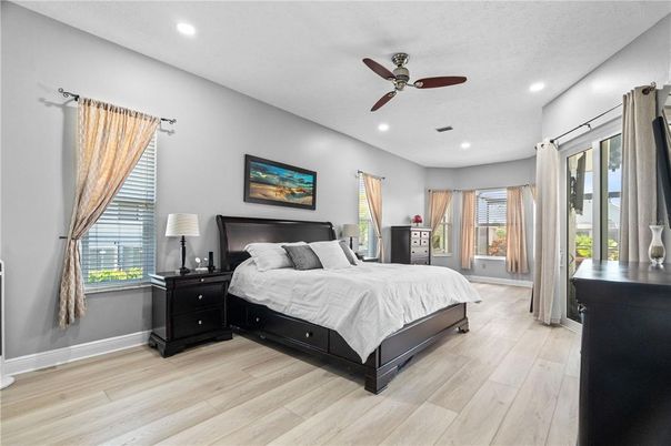 Bedroom, Interior, Recessed Lighting, Wood Texture Flooring