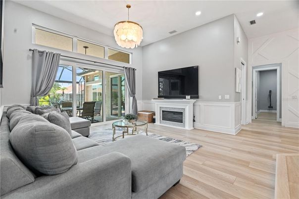 Fireplace, Interior, Living room, Recessed Lighting, Wood Texture Flooring