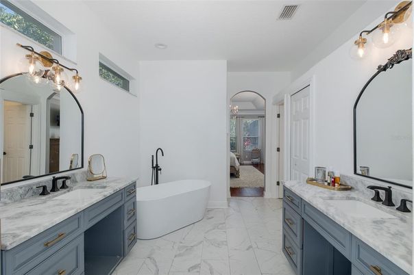 Bathroom, Dual Sink Vanities, Free Standing Baths, Interior, Marble