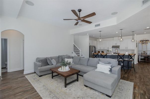 Interior, Kitchen, Living room, Pendant Lights, Recessed Lighting, Stainless Steel Appliances, Wood Texture Flooring