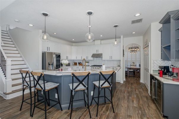 Interior, Kitchen, Pendant Lights, Recessed Lighting, Stainless Steel Appliances, Wood Texture Flooring