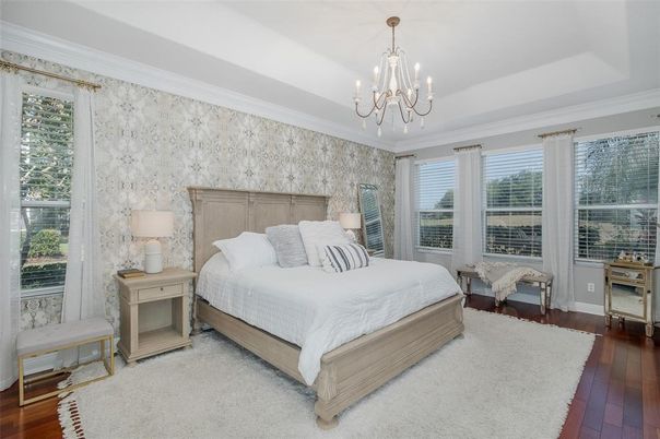 Bedroom, Chandelier, Interior, Wood Texture Flooring