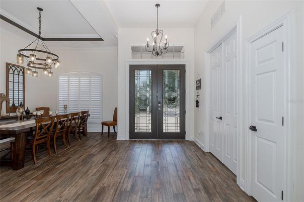 Chandelier, Dining room, Interior, Pendant Lights, Wood Texture Flooring
