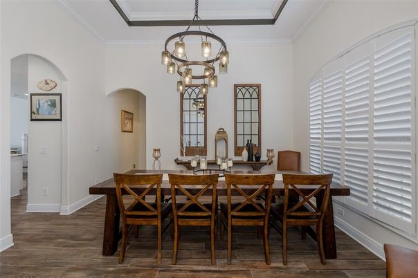Dining room, Interior, Pendant Lights, Wood Texture Flooring
