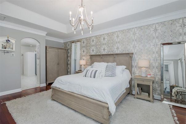 Bedroom, Chandelier, Fireplace, Interior, Wood Texture Flooring