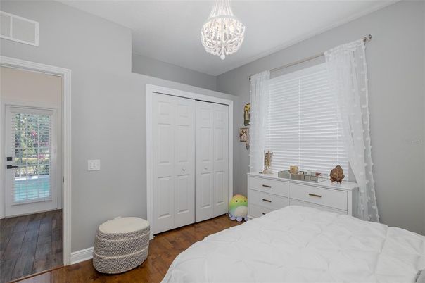 Bedroom, Chandelier, Interior, Wood Texture Flooring