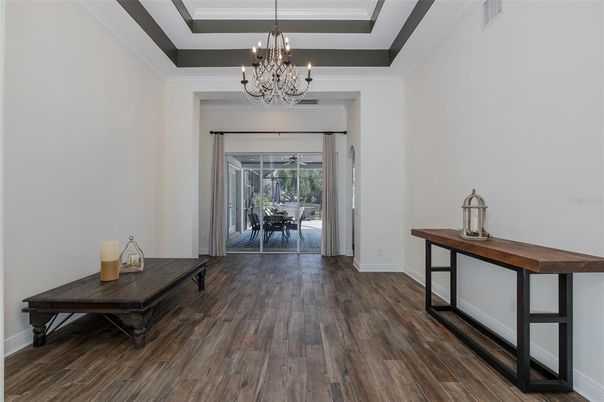 Chandelier, Dining room, Interior, Wood Texture Flooring