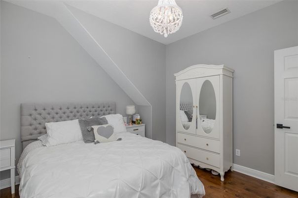 Bedroom, Chandelier, Interior, Wood Texture Flooring