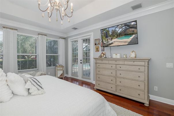 Bedroom, Chandelier, Interior, Wood Texture Flooring