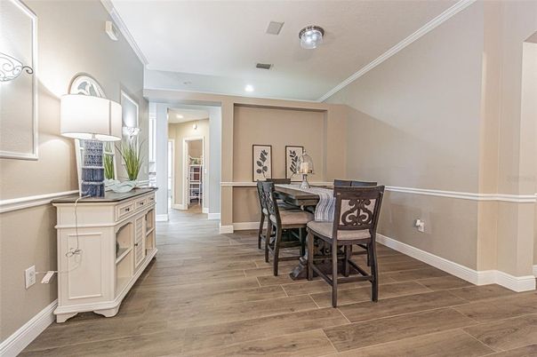 Dining room, Interior, Recessed Lighting, Wood Texture Flooring
