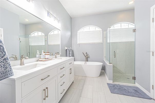 Bathroom, Dual Sink Vanities, Free Standing Baths, Glass Shower, Interior, Recessed Lighting