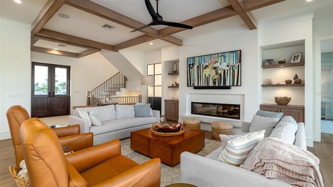 Fireplace, Interior, Living room, Recessed Lighting, Wooden Beams, Wood Texture Flooring