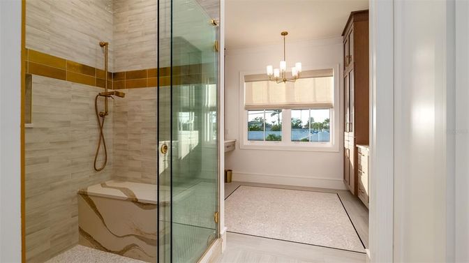 Bathroom, Glass Shower, Interior, Pendant Lights