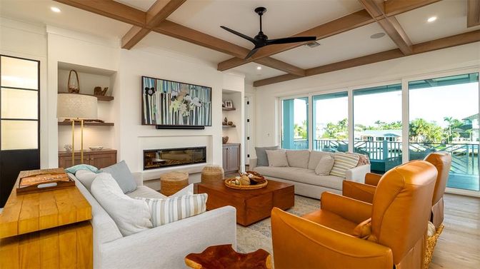 Fireplace, Interior, Living room, Recessed Lighting, Wooden Beams, Wood Texture Flooring