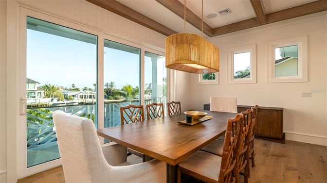 Dining room, Interior, Pendant Lights, Wood Texture Flooring