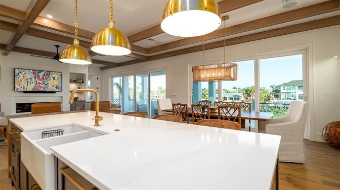 Dining room, Fireplace, Interior, Kitchen, Pendant Lights, Recessed Lighting, Wooden Beams, Wood Texture Flooring