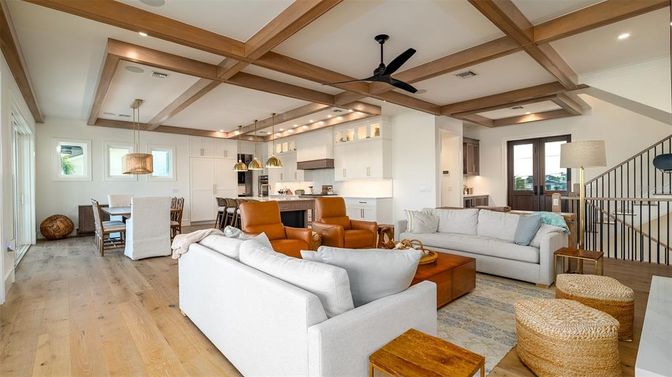 Dining room, Interior, Kitchen, Living room, Pendant Lights, Recessed Lighting, Wooden Beams, Wood Texture Flooring