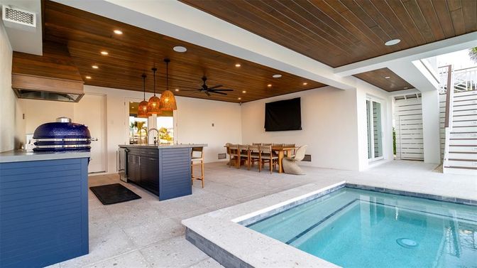 Interior, Kitchen, Pendant Lights, Pool, Recessed Lighting, Wooden Ceilings