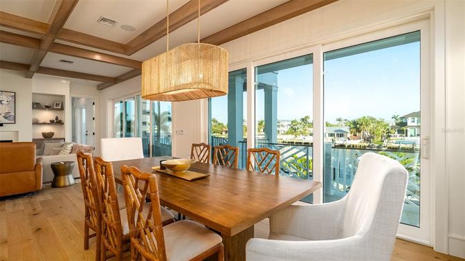 Dining room, Interior, Living room, Pendant Lights, Recessed Lighting, Wooden Beams, Wood Texture Flooring