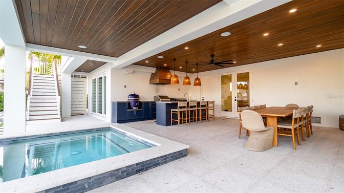 Dining room, Interior, Kitchen, Pendant Lights, Pool, Recessed Lighting, Wooden Ceilings